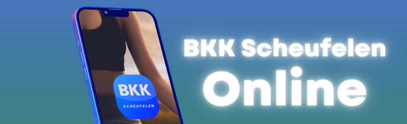 Smartphone mit BKK Scheufelen Logo und Hinweis neben dran BKK Scheufelen Online in weiß