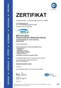 Zertifizierung der BKK Scheufelen nach DIN EN ISO 9001:2015